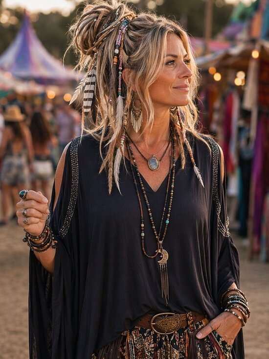 Vocal Tops - Vocal Black V-Neck Top with Rhinestone Detail